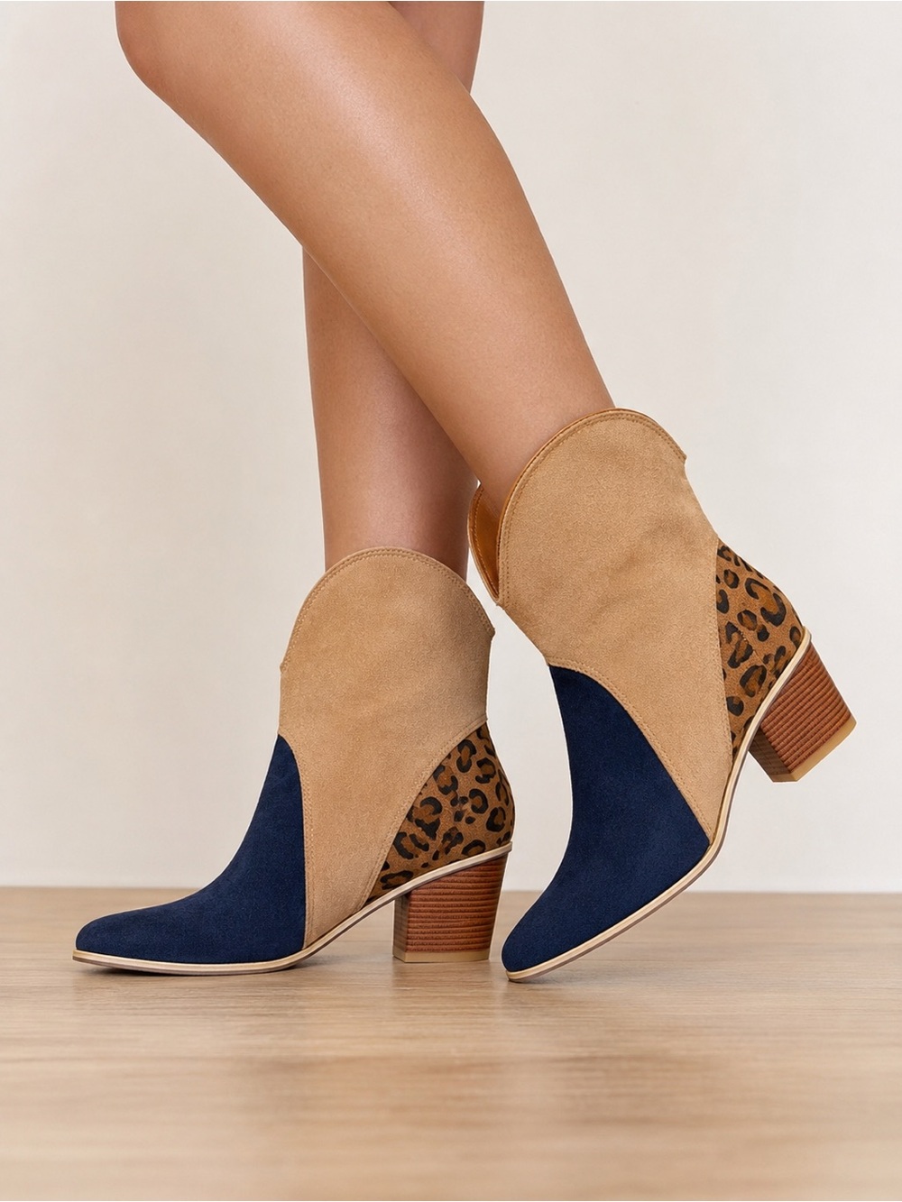 Suede Colorblock Western Ankle Boots in Navy and Tan leopard block heel size 9